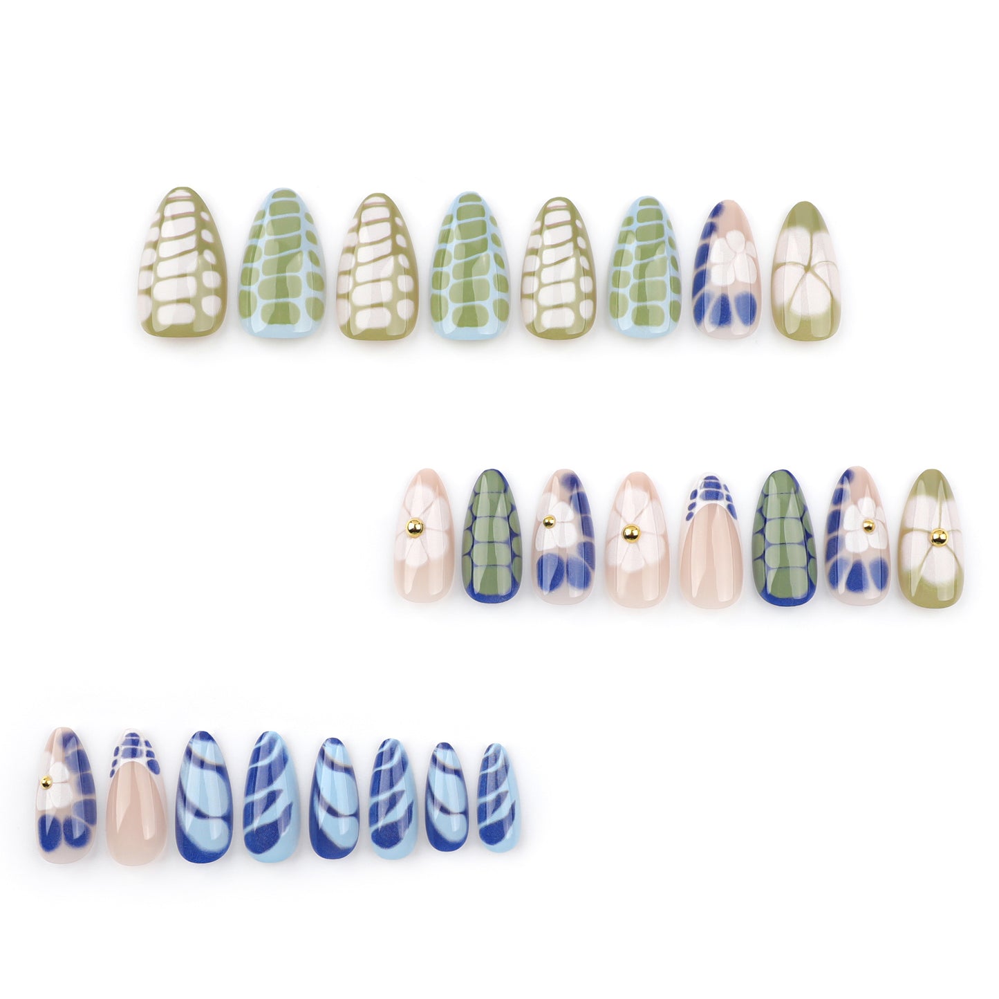 Nature Inspired Elegance Short Almond Green and Blue Gradient with Floral Print and Gold Accents Press On Nail Set