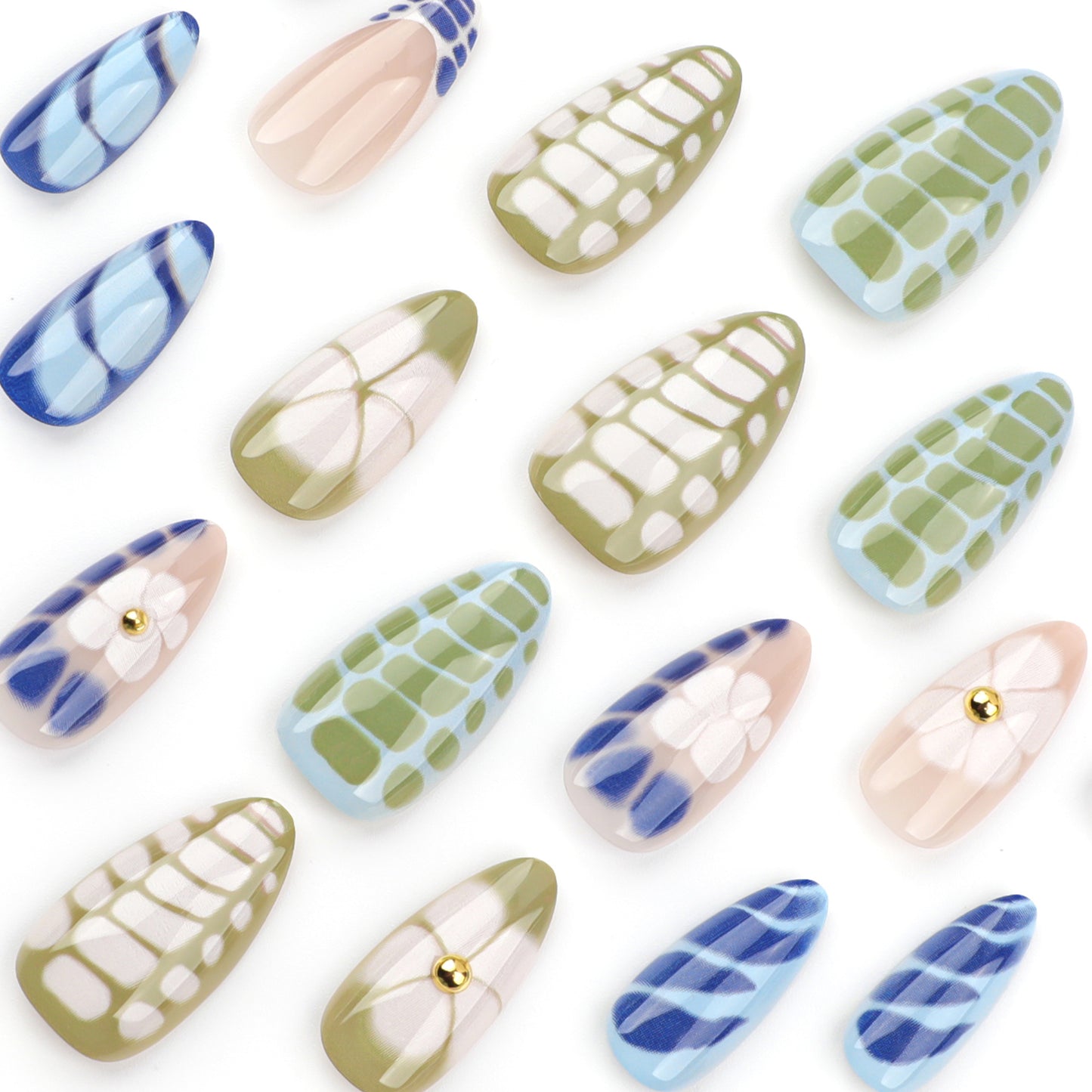 Tropical Oasis Short Almond Press On Nail Set in Blue and Green with Artistic Geometric Design