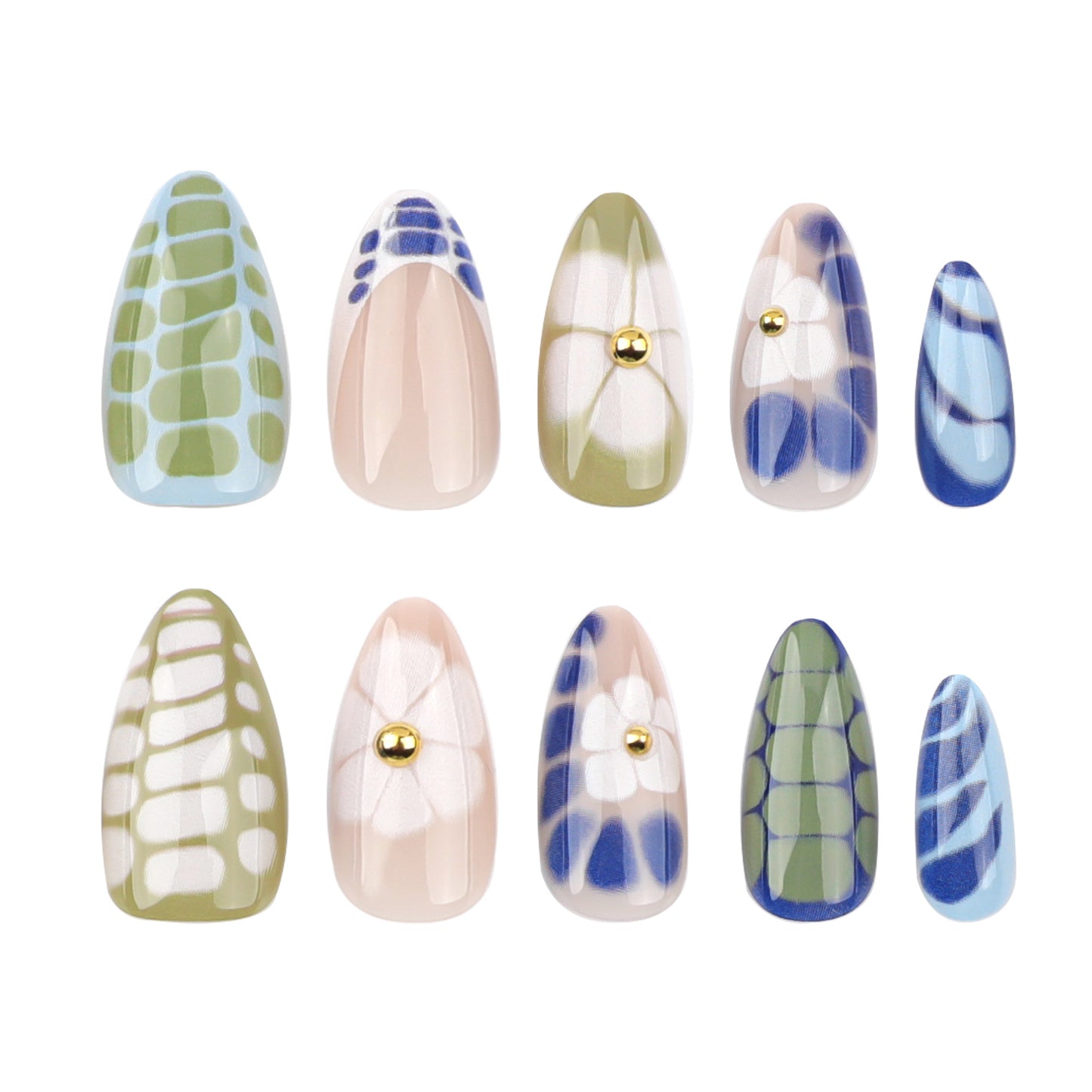 Nature's Elegance Short Almond Shaped Soft Blue and Green Floral Design with Gold Accent Press-On Nail Set