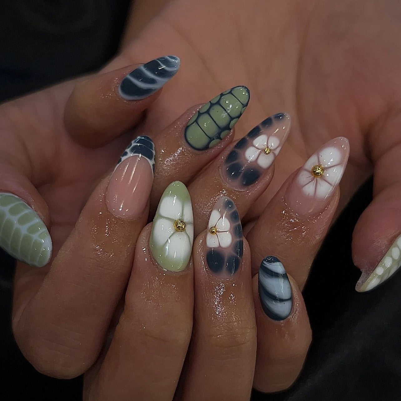 Floral Serenity Medium Almond Green and Blue Press-On Nail Set with Elegant Gold Accents