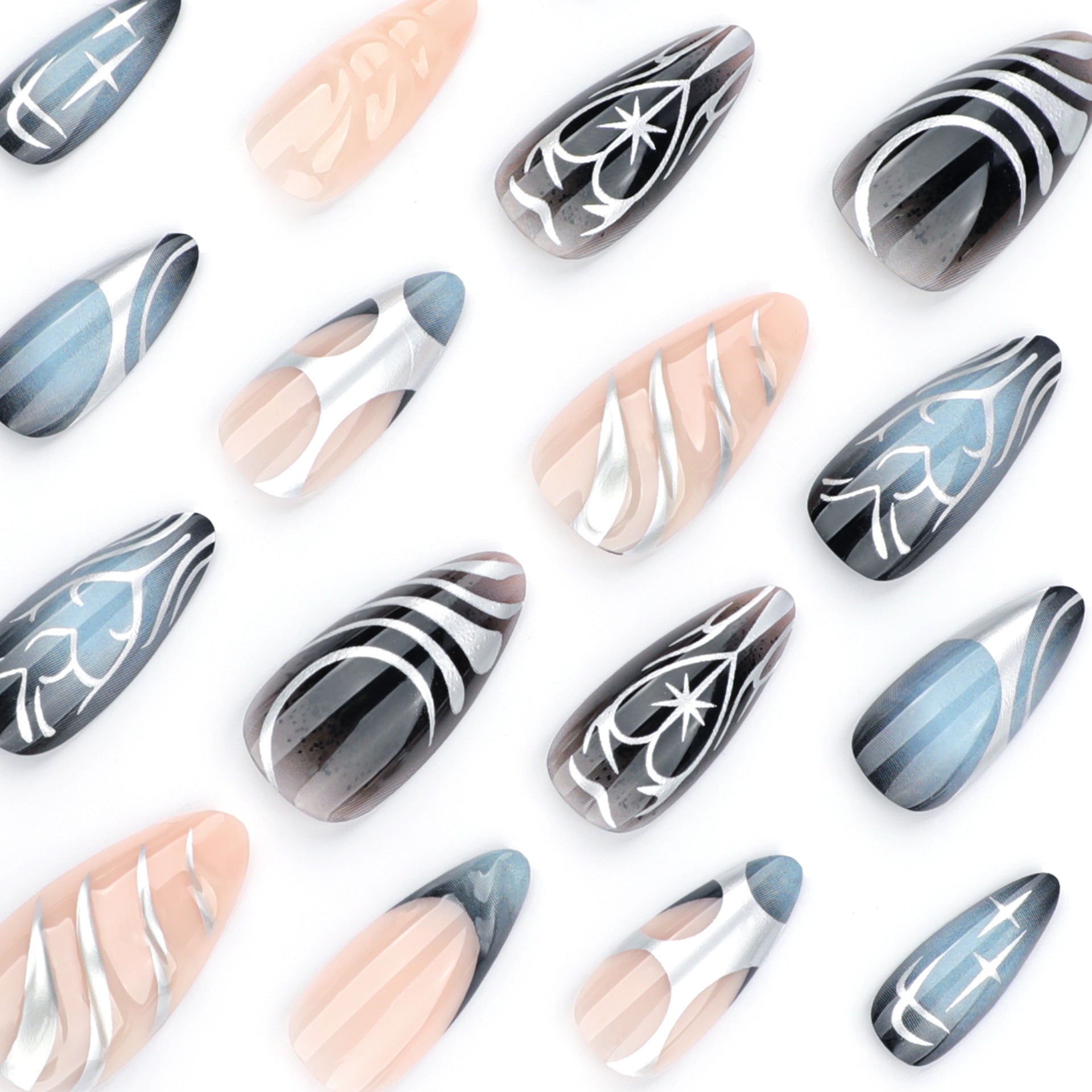 A collection of press-on nails in a short almond shape featuring glittering silver and blue swirl designs.