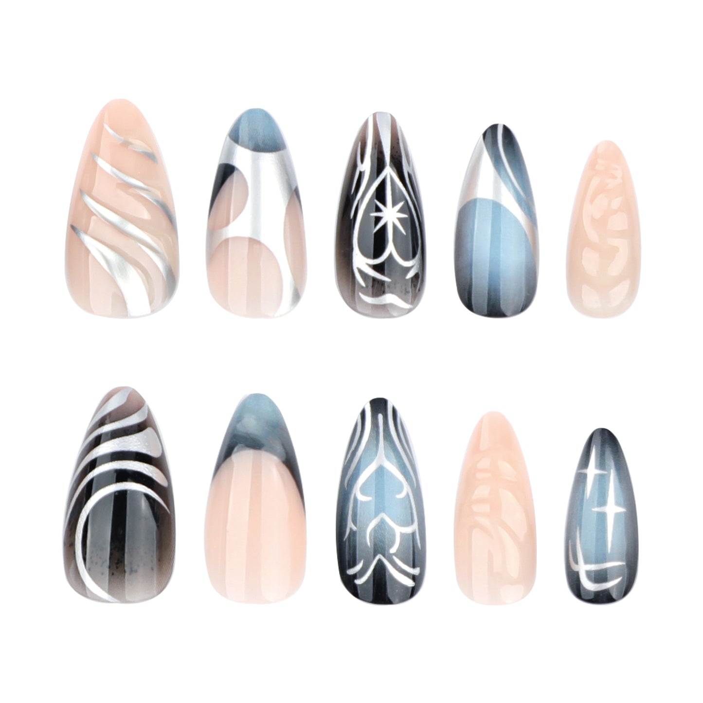 Cosmic Dream Short Almond Length Ombre Blue and Beige Press On Nail Set with Artistic Swirl Designs