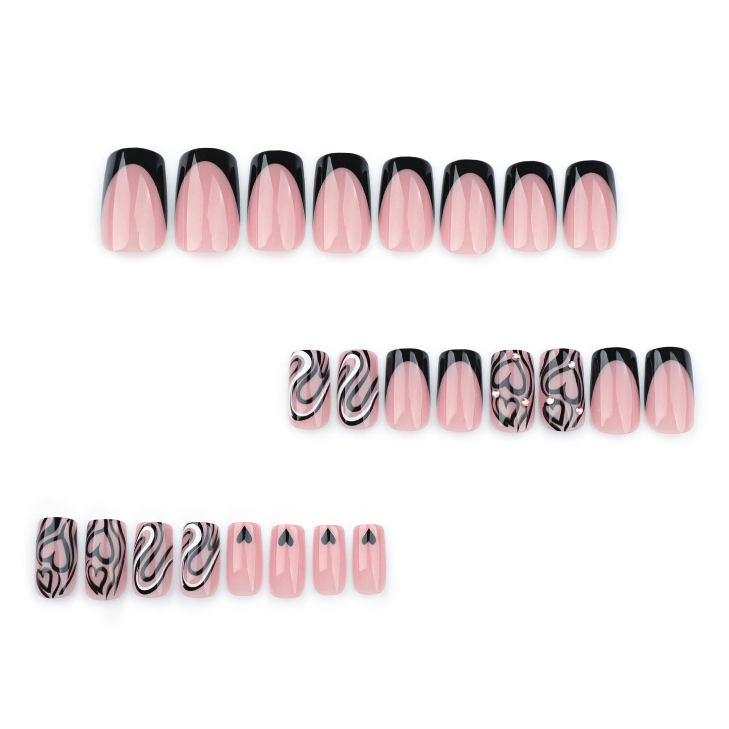 Chic Elegance Short Square Pink and Black Swirl Press On Nail Set with Unique Heart and Wave Designs