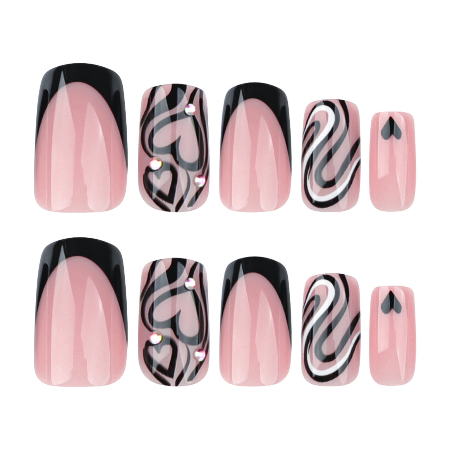 Romantic Elegance Short Square Pink and Black Press On Nail Set with Heart and Swirl Design