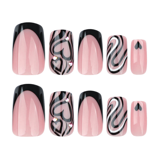 Romantic Elegance Short Square Pink and Black Press On Nail Set with Heart and Swirl Design