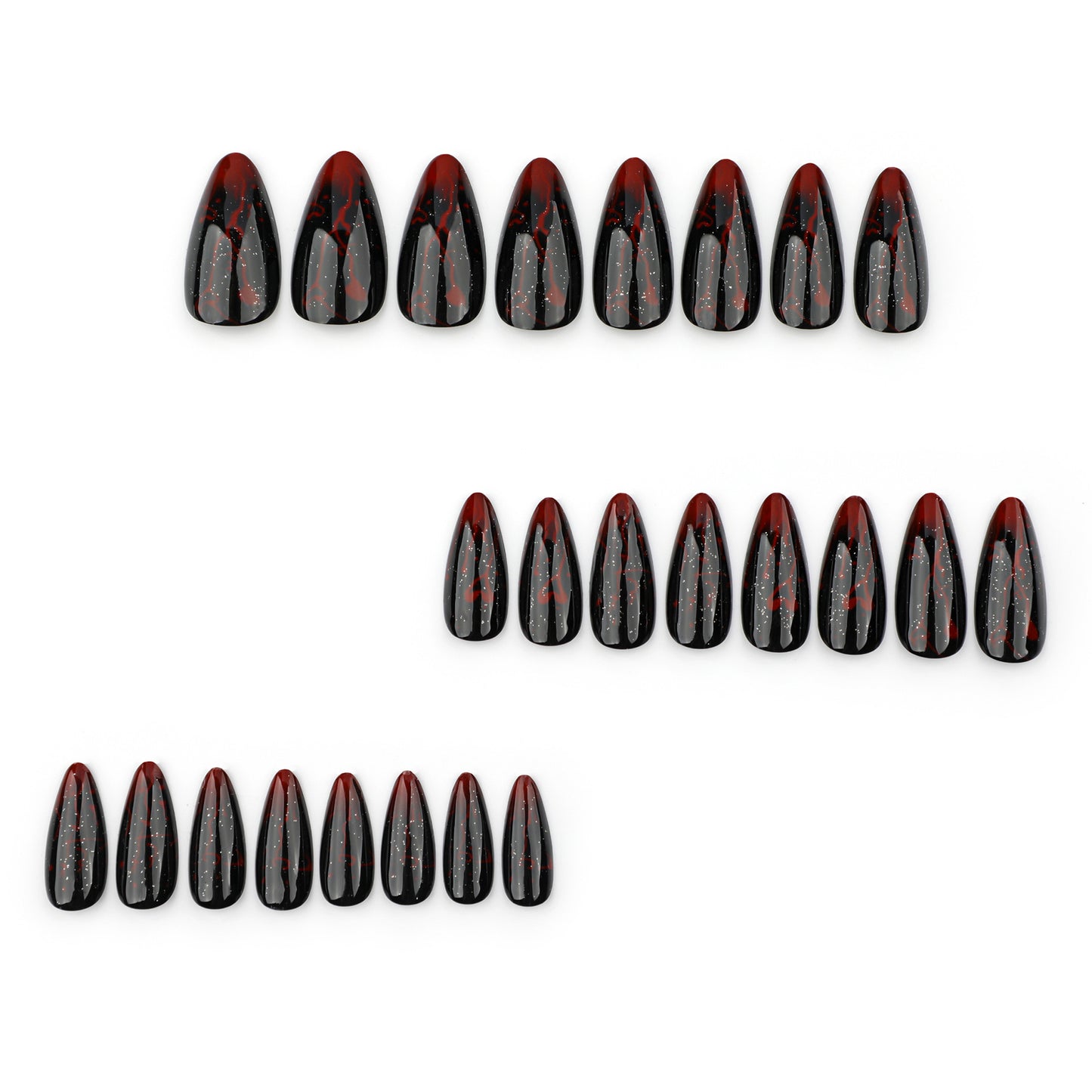 Gothic Glamour Short Almond Press On Nails in Deep Red and Black with Glitter Accents