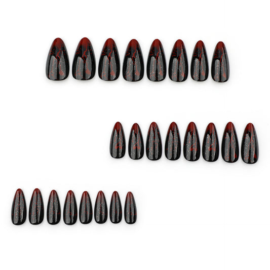 Gothic Glamour Short Almond Press On Nails in Deep Red and Black with Glitter Accents