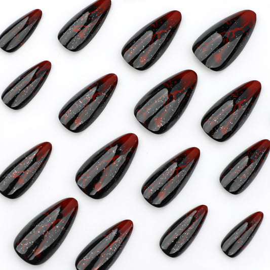Gothic Elegance Short Almond Shaped Long Black and Red Glittery Press On Nails