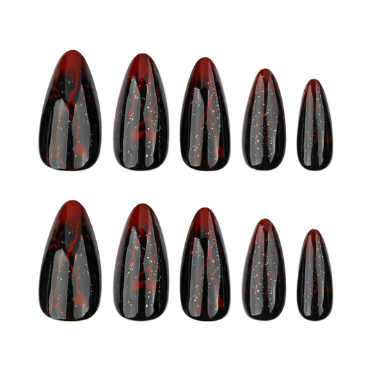 Mystical Elegance Short Almond Black and Red Swirl Press On Nail Set with Glitter Accents