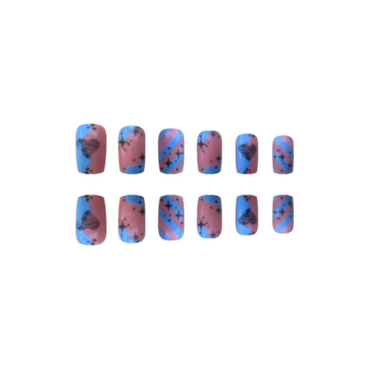 Butterfly Whisper Long Square Pink and Blue Press On Nail Set with Embedded Patterns