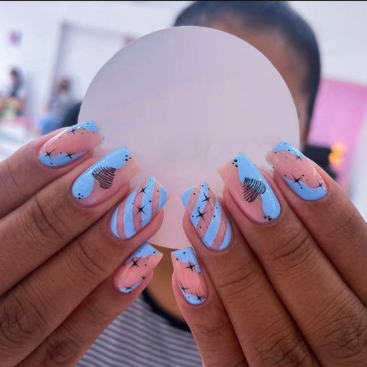 Butterfly Kisses Long Square Baby Blue and Pink Press On Nail Set with Nature-Inspired Accents