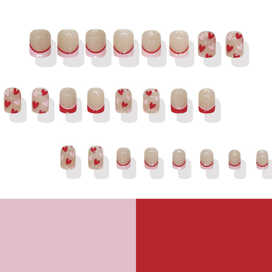 Romantic Love Inspired Short Square Pink and Red Heart Adorned Press on Nail Set