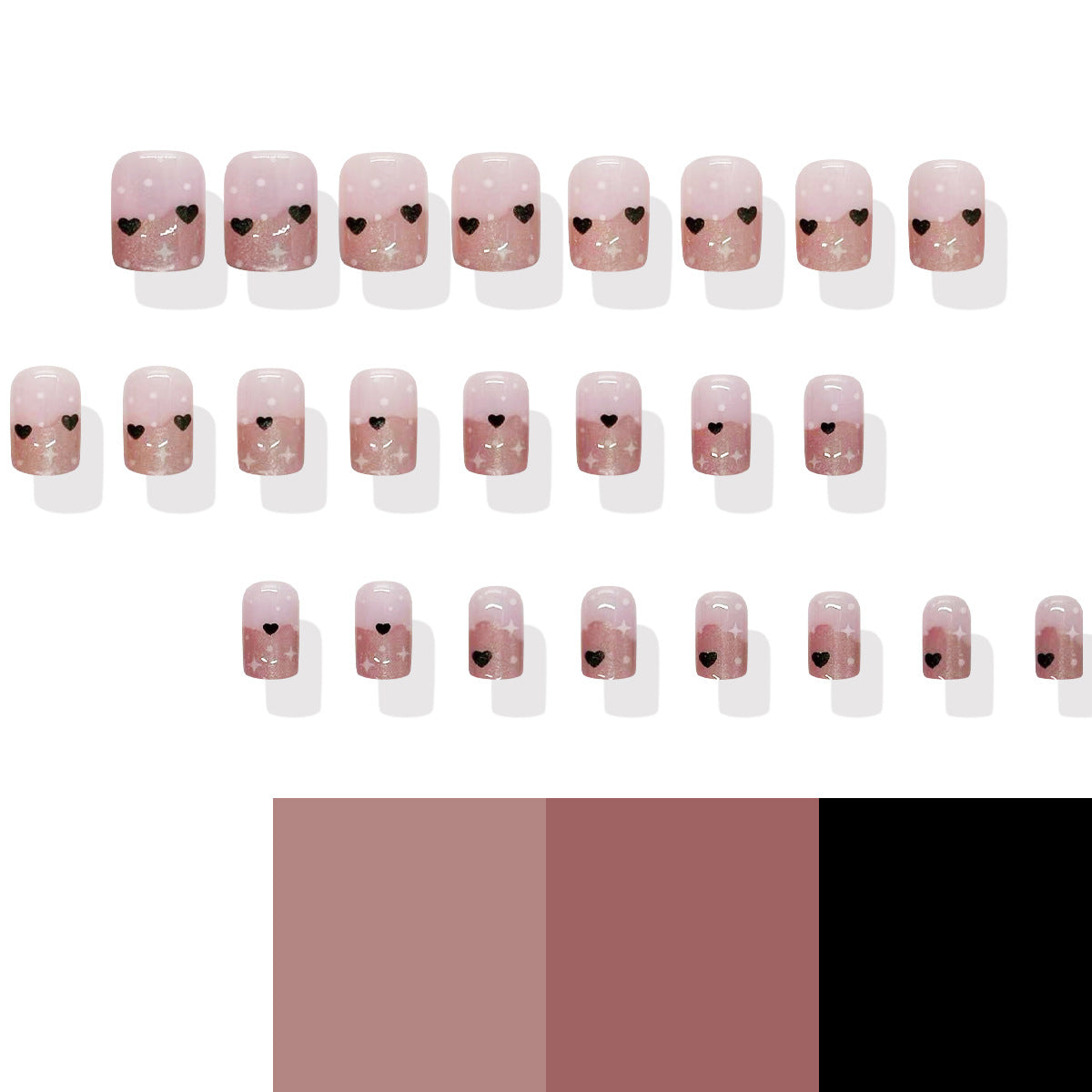 Romantic Hearts Theme Charming Short Square Blush Pink Nails with Black Heart Accents and Shimmering Glitter Finish