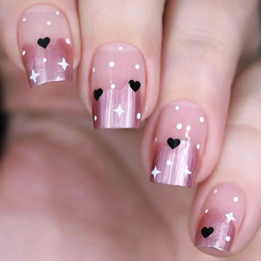 Romantic Night Sky Short Square Pink with Heart and Star Accents Press-On Nail Set
