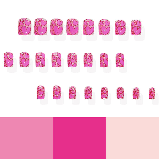 Love Struck Heart Shaped Short Square Pink Press On Nail Set Featuring Charming Heart Patterns and Glossy Finish