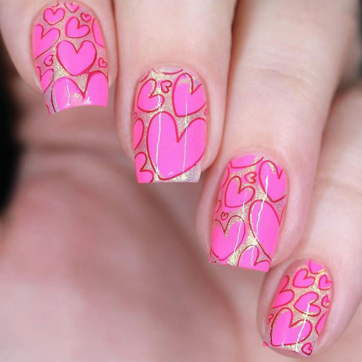 Romantic Dreams Short Square Bright Pink with Heart Pattern Nail Press Set