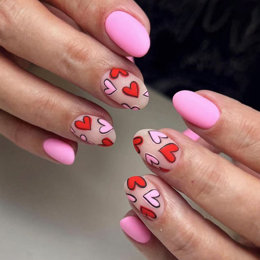 Love Inspired Short Squoval Pink and Clear Heart Design Press On Nail Set