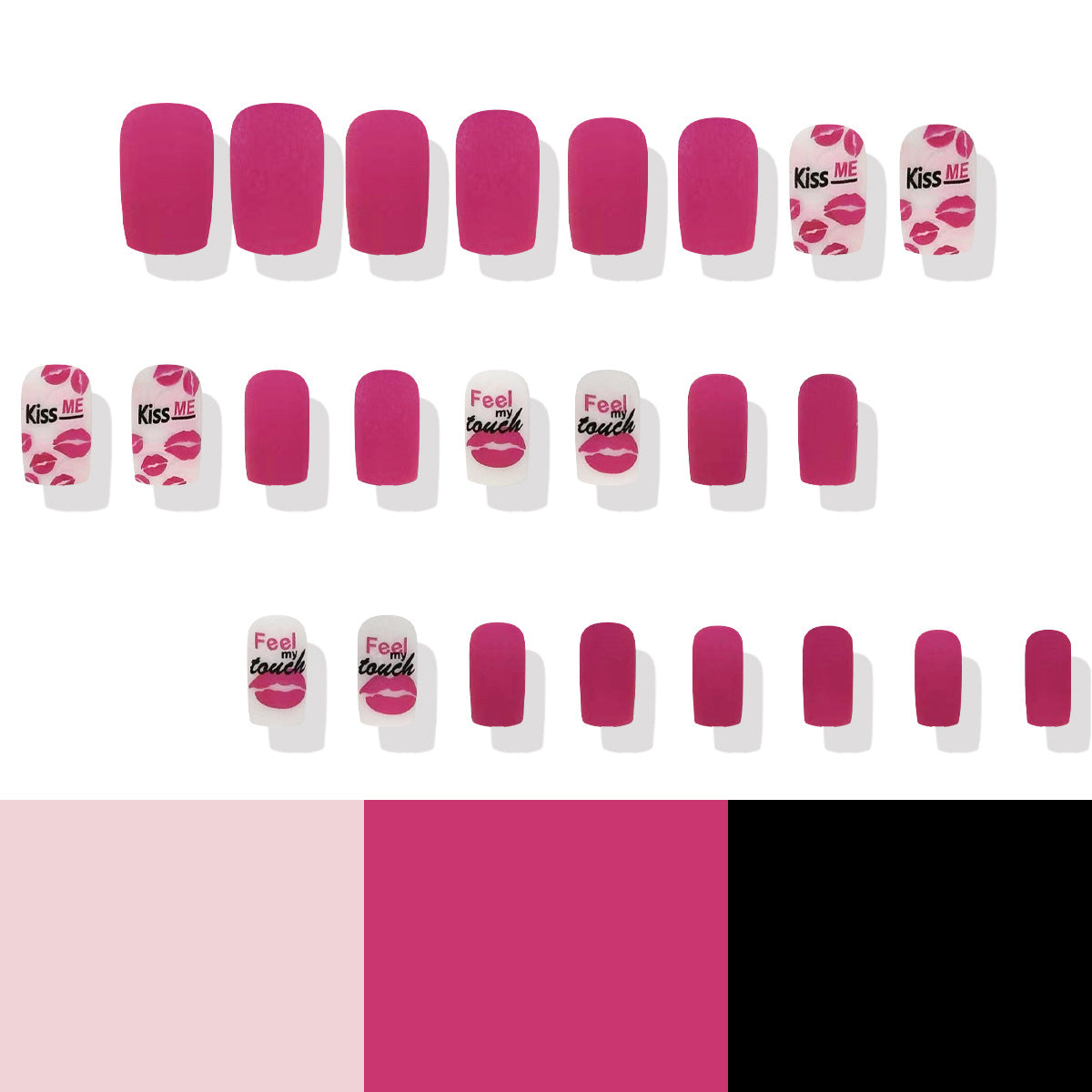 Romantic Kiss Inspired Press On Nail Set in Medium Square Bold Pink with Playful Lip Designs