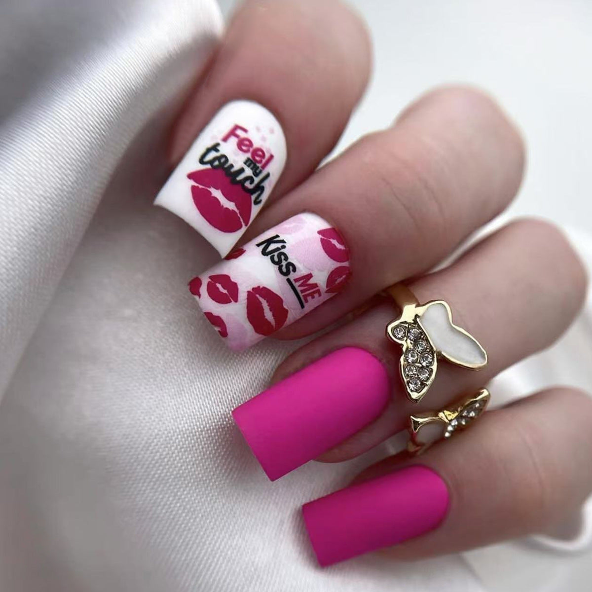 Romantic Kiss Inspired Medium Square Pink Press On Nail Set with Bold Lip Print Design