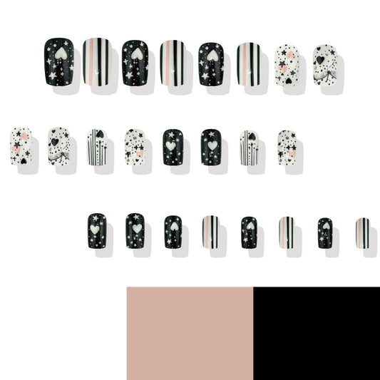 Cosmic Romance Short Square Black and White Press-On Nail Set with Heart and Star Designs