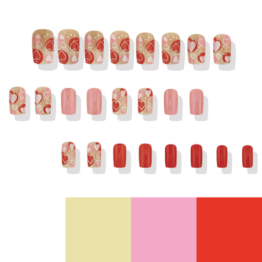 Love Story Heart Motif Medium Square Red and Pink Gradient Press on Nail Set with Whimsical Heart Patterns