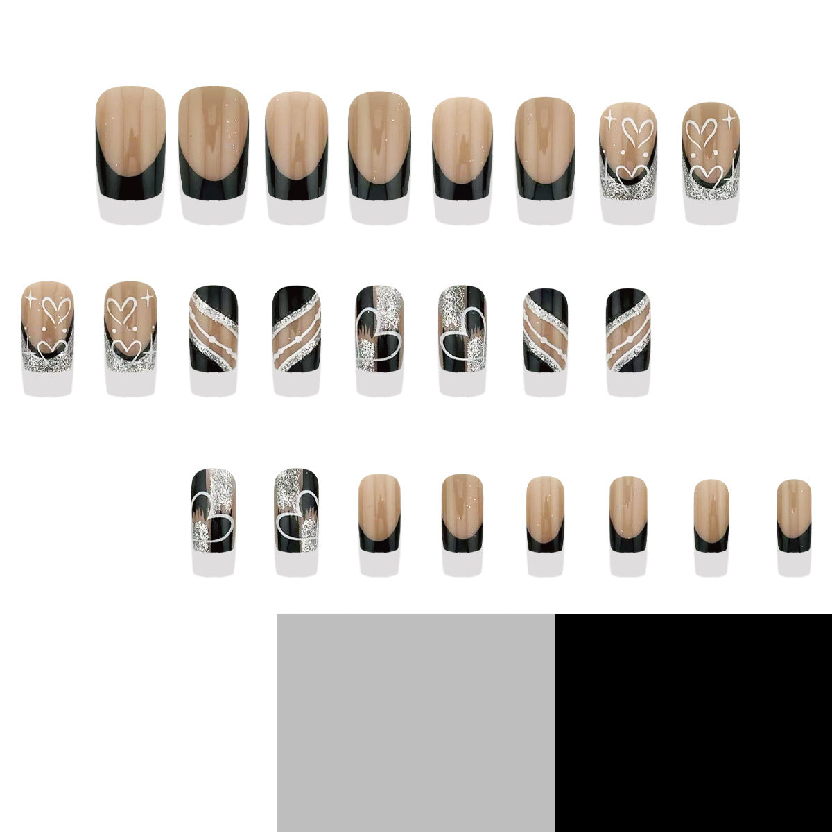 Chic Elegance Medium Square Beige and Black Press-On Nail Set with Heart and Glitter Designs