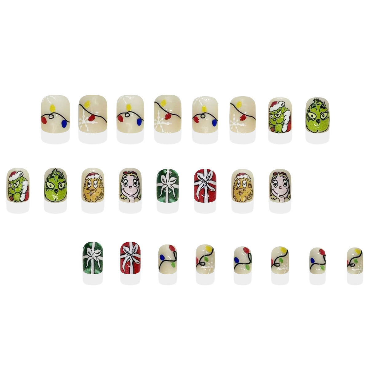 Whimsical Holiday Vibes Medium Squoval Green And Red Festive Characters With Glittering Christmas Lights Press On Nail Set