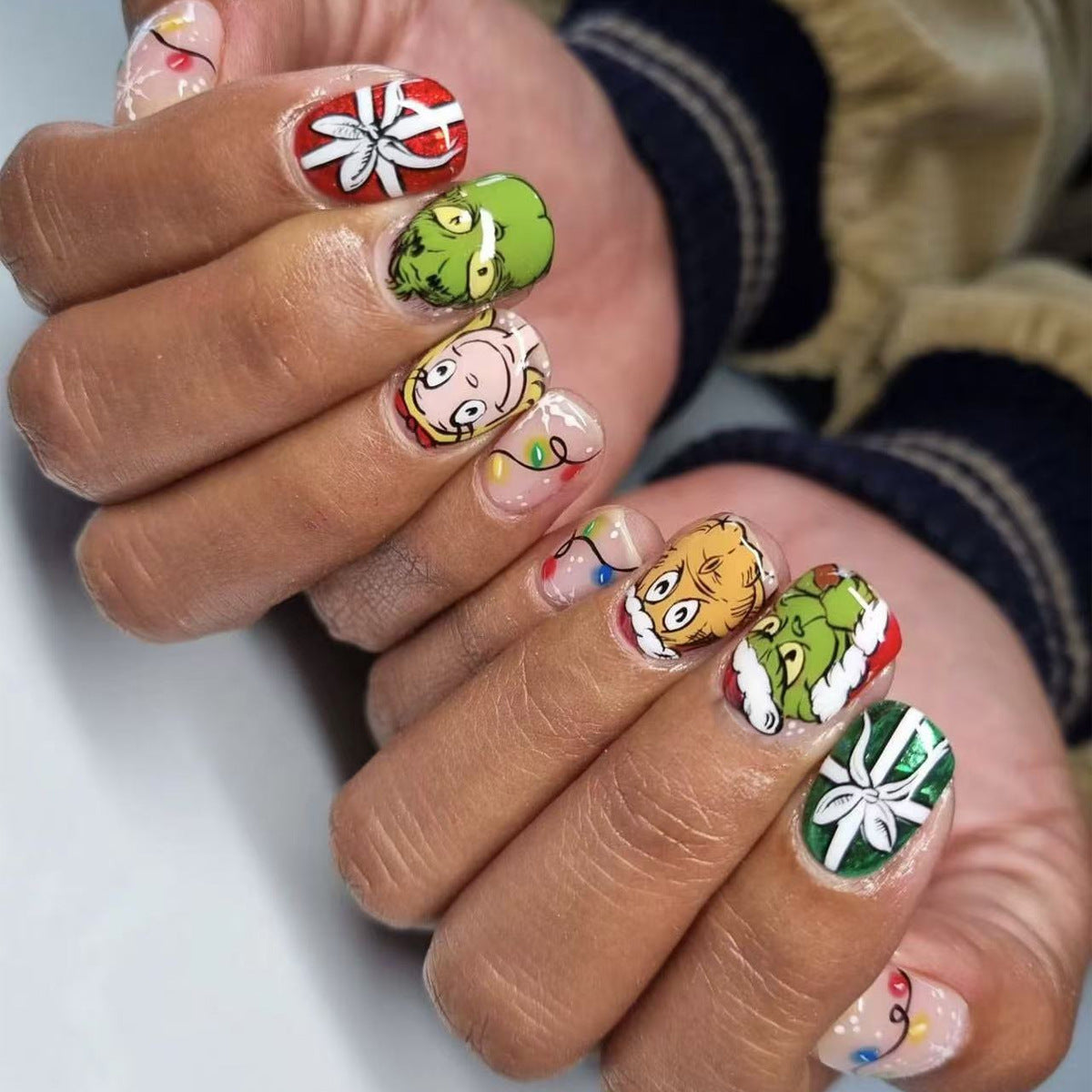 Festive Holiday Charm Short Squoval Multicolor With Whimsical Cartoon Designs Press On Nail Set