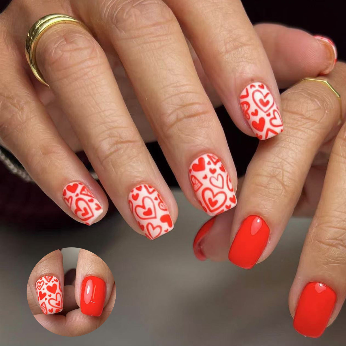 Romantic Heart Theme Short Square Red and White Press On Nail Set with Charming Heart Pattern
