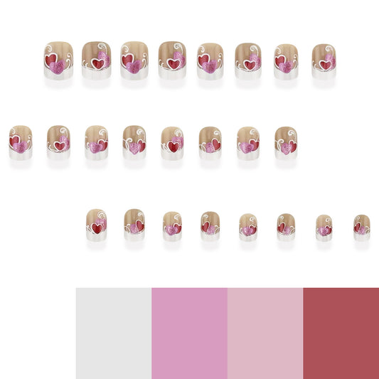 Romantic Heart Theme Short Square Pink Gradient Press On Nail Set with Glittering Heart Design