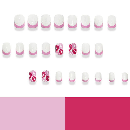 Charming Blossom Short Square White and Pink Dip Design with Unique Floral Accent Press on Nail Set