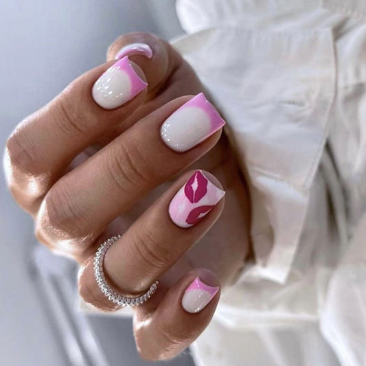 Chic Romance Square Press On Nail Set in Short Square Shape with Glossy White and Pink Color Featuring Unique Lip Kiss Design