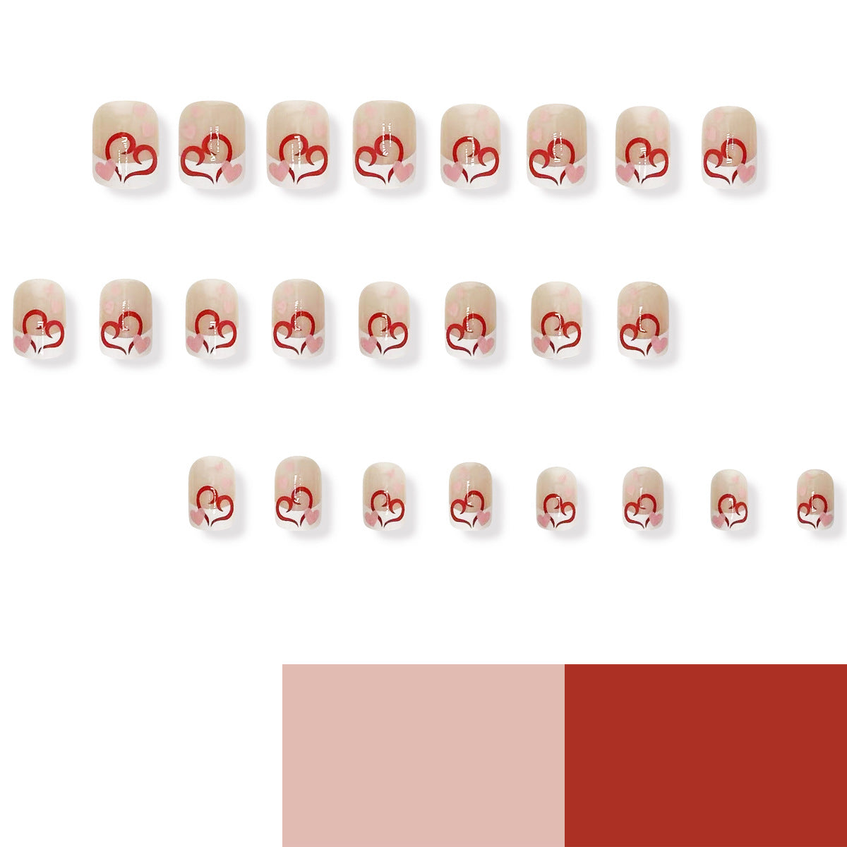 Romantic Vibe Short Square Neutral with Red Heart Design Press On Nail Set