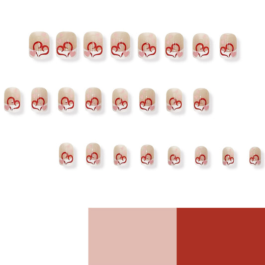 Romantic Vibe Short Square Neutral with Red Heart Design Press On Nail Set