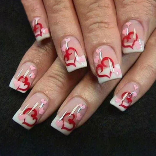 Romantic Heart Theme Short Square Pink and Red Press on Nail Set with Charming Love Design