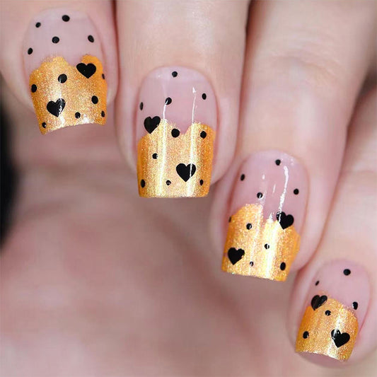 Chic Glamour Short Square Golden Nails with Dazzling Heart and Polka Dot Design