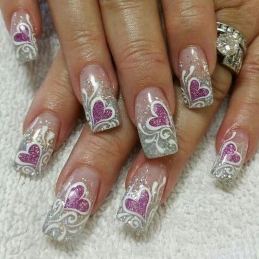 Heartfelt Glamour Medium Square Shaped Clear and Silver Glitter Press On Nail Set with Purple Heart Designs