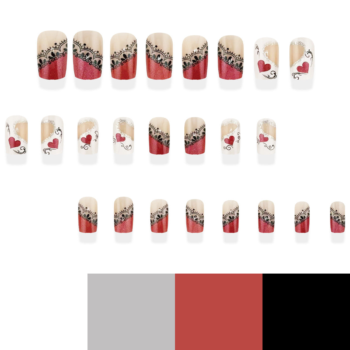 Romantic Charm Short Square Red and White Design with Elegant Heart Accents Press on Nail Set