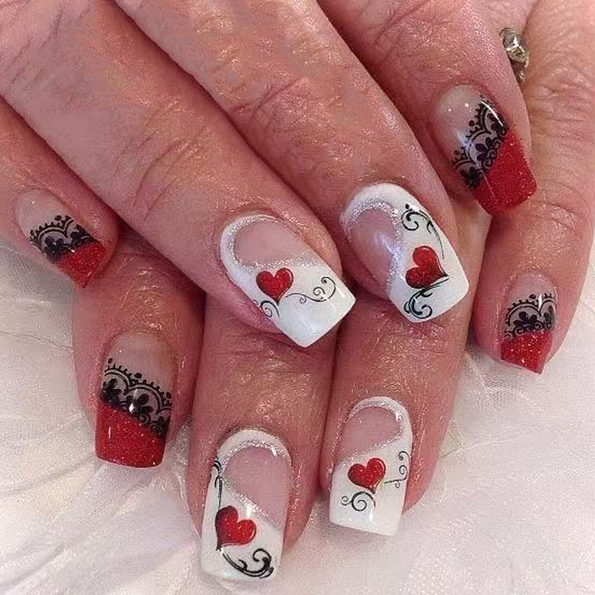Romantic Love Theme Short Square Red and White Glossy Press-On Nail Set with Charming Heart Designs