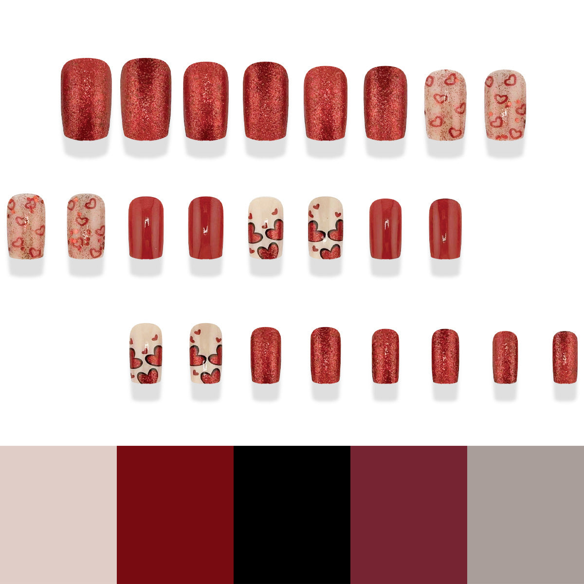 Romantic Charm Medium Square Burgundy and Red Glitter Press On Nail Set with Heart Patterns