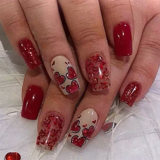 Romantic Heartbeat Medium Square Red Press On Nail Set with Glitter and Heart Patterns