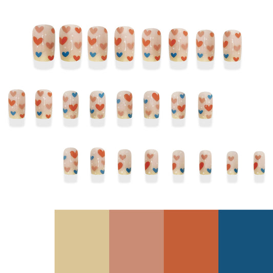 Romantic Heartfelt Medium Square Press On Nail Set in Pastel Peach with Charming Multicolor Heart Patterns