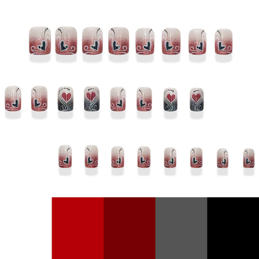 Elegant Romance Glossy Short Square Press On Nail Set in Vibrant Red and Black with Intricate Heart and Swirl Design