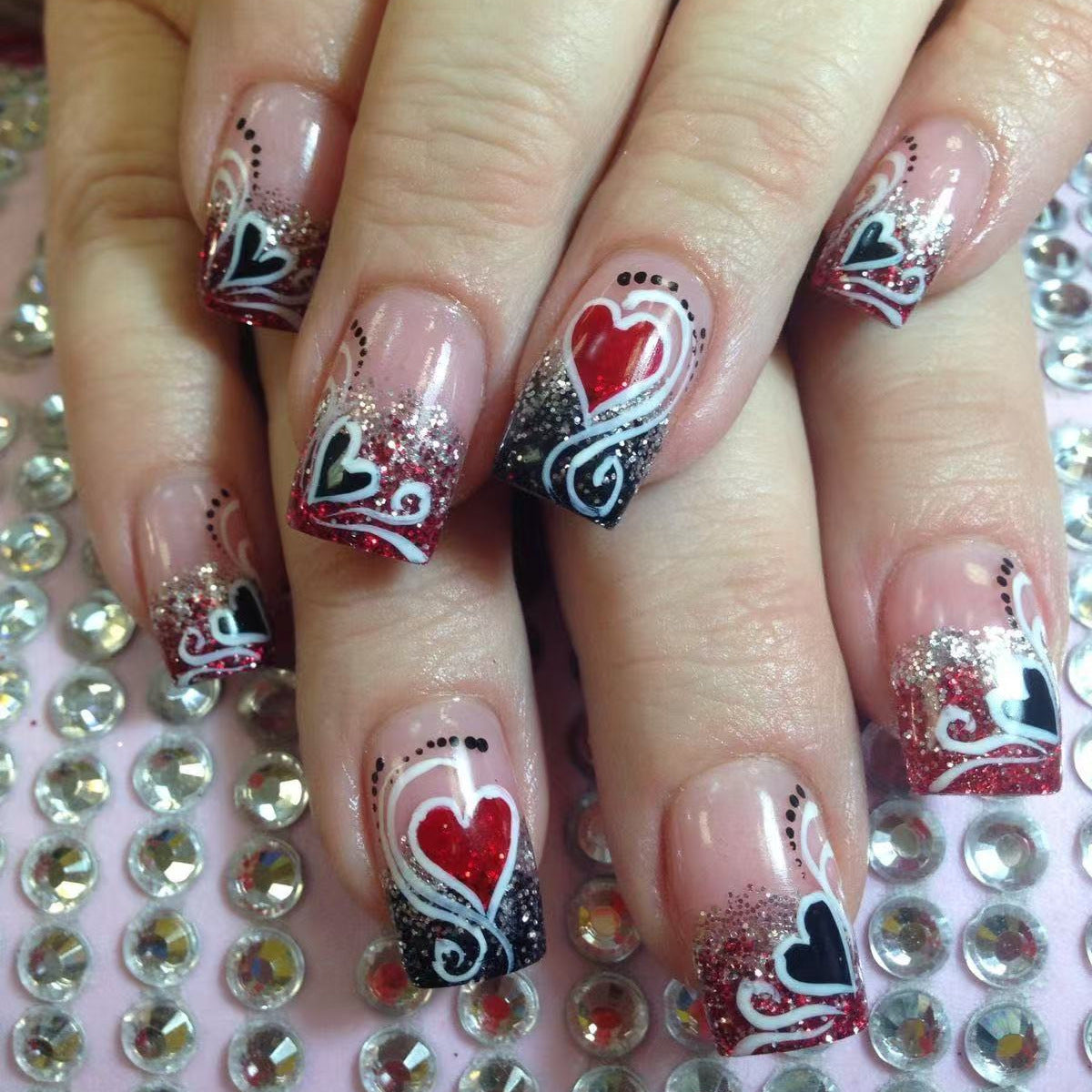 Romantic Elegance Short Square Long Red and Black Glitter Gradient Press On Nail Set