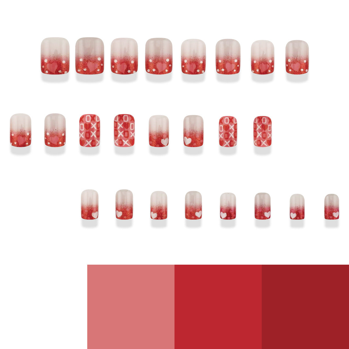 Romantic Love Affair Short Square Red Gradient Press On Nail Set with Heart and Dot Accents