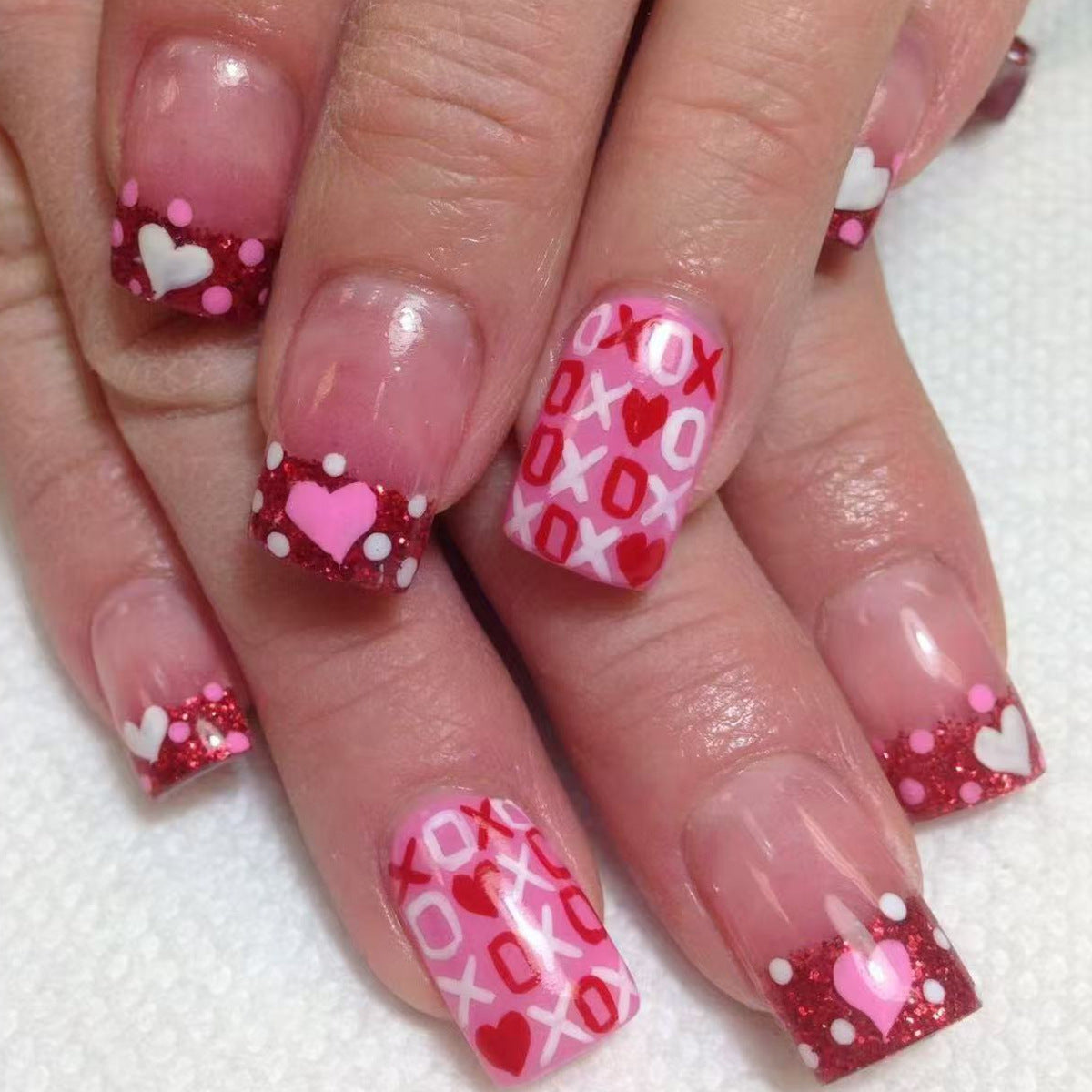 Valentine's Day Delight Medium Square Pink and Red Press On Nail Set with Glittery Heart Accents