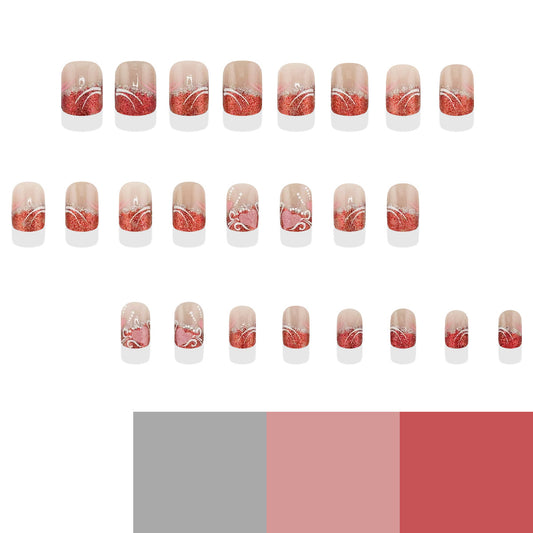 Chic Coral Elegance Short Square Beige Red Ombre with Glittering Swirls Press On Nail Set