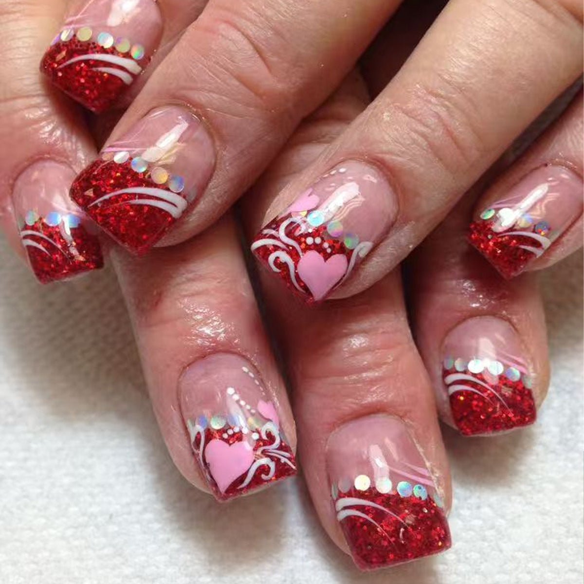 Romantic Glamour Short Square Red Nails with Heart and Glitter Design