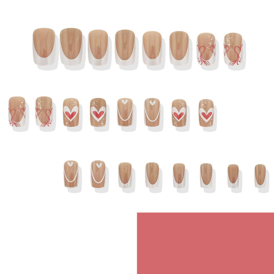 Love Inspired Short Square Beige Press On Nail Set with Heart Designs