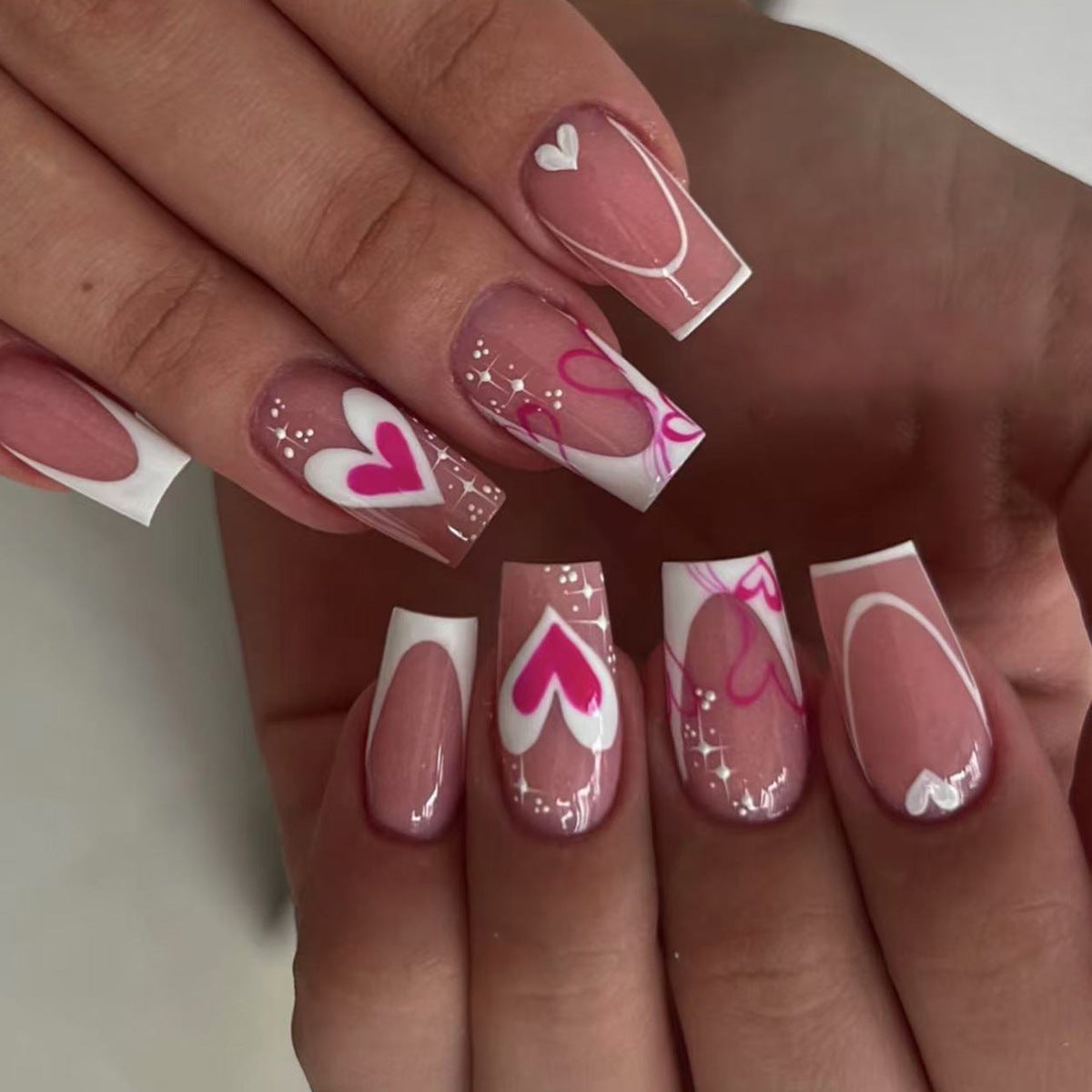Love Inspired Medium Square Pink and White Heart Design Press On Nail Set